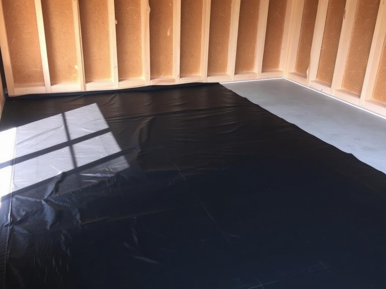 Damp-proof membrane laid over a garage slab before insulation