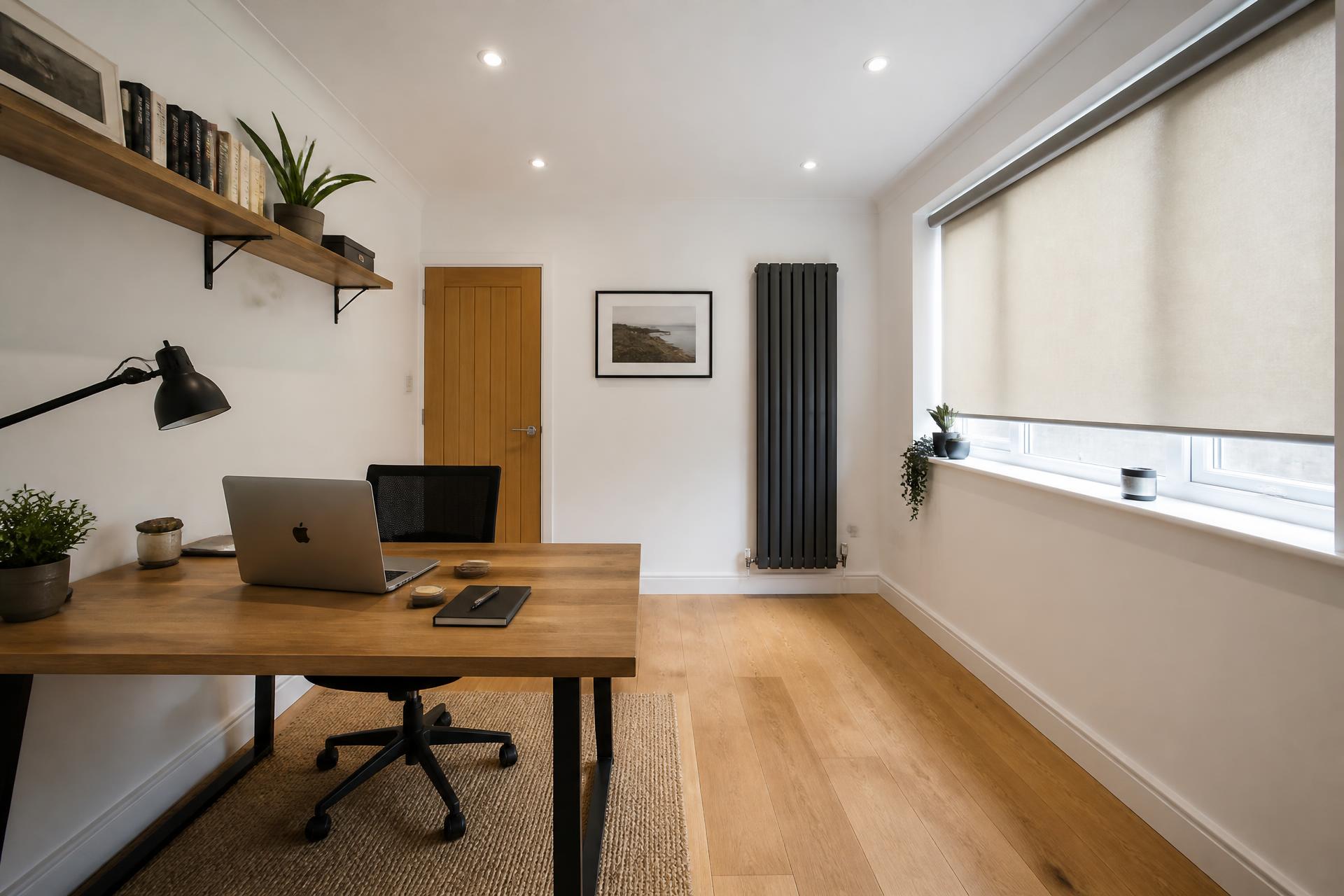 Finished garage conversion in Glasgow used as a bright home office with oak flooring and blinds